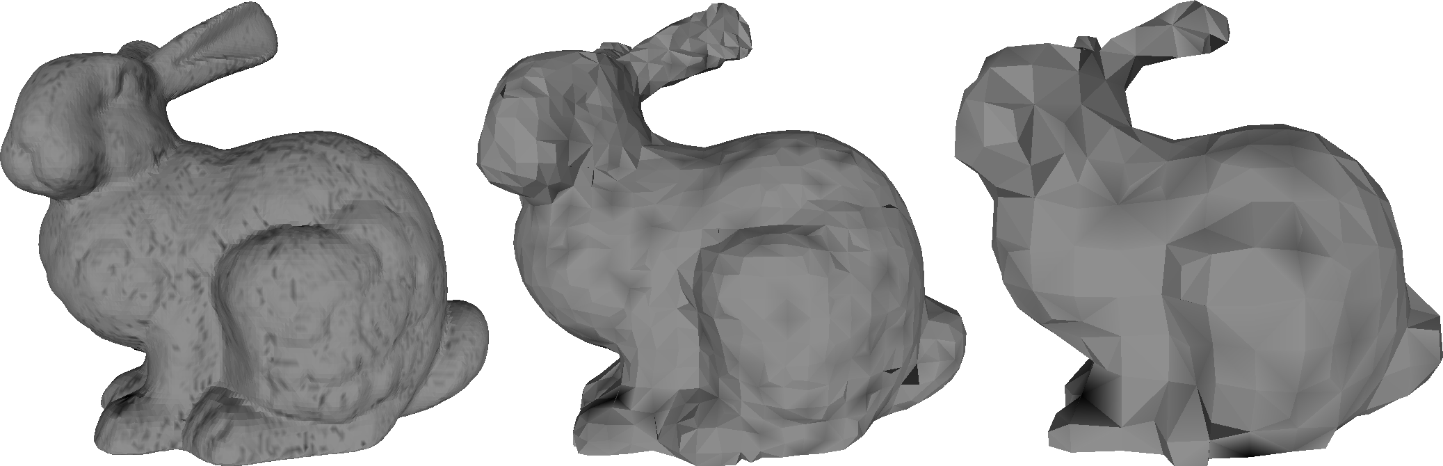 Auswirkungen von verschiedenen Detaillierungsgraden (LOD) auf ein 3D-Modell. Das Stanford Bunny mit 69451, 3851 und 948 Polygonen.