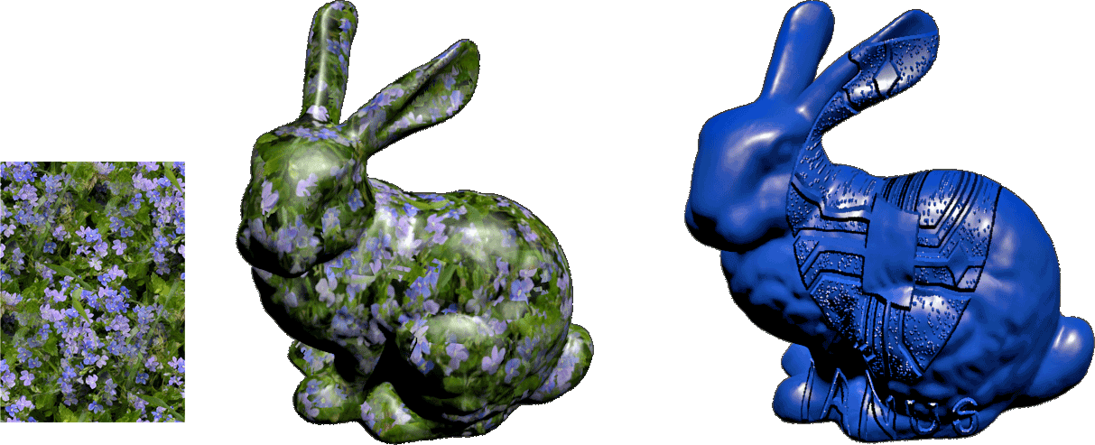 Links: Eine Textur und deren Anwendung auf ein 3D-Modell. Rechts: Mittels Bumpmapping wurde das IANUS-Logo auf ein 3D-Modell aufgebracht. Es erweckt den Anschein einer dreidimensionalen Veränderung der Oberfläche, jedoch hat sich in der Geometrie des Modells nichts verändert, was an den Umrissen zu erkennen ist.