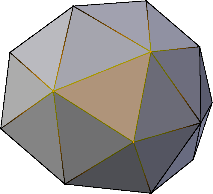 Die gelb markierten Eckpunkte beschreiben das hervorgehobene Dreieck in dem 3D-Modell.