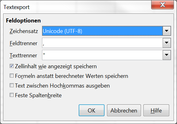 Der Dialog "Textexport" in LibreOffice Calc zur Speicherung von CSV-Dateien.