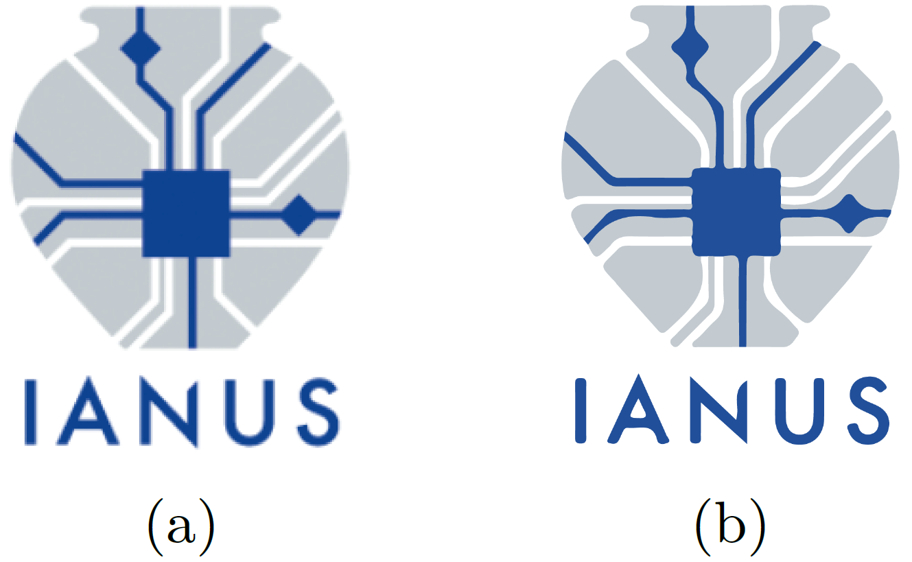 Das IANUS-Logo (a) als Rastergrafik mit geringer Auflösung und (b) nach der Vektorisierung.